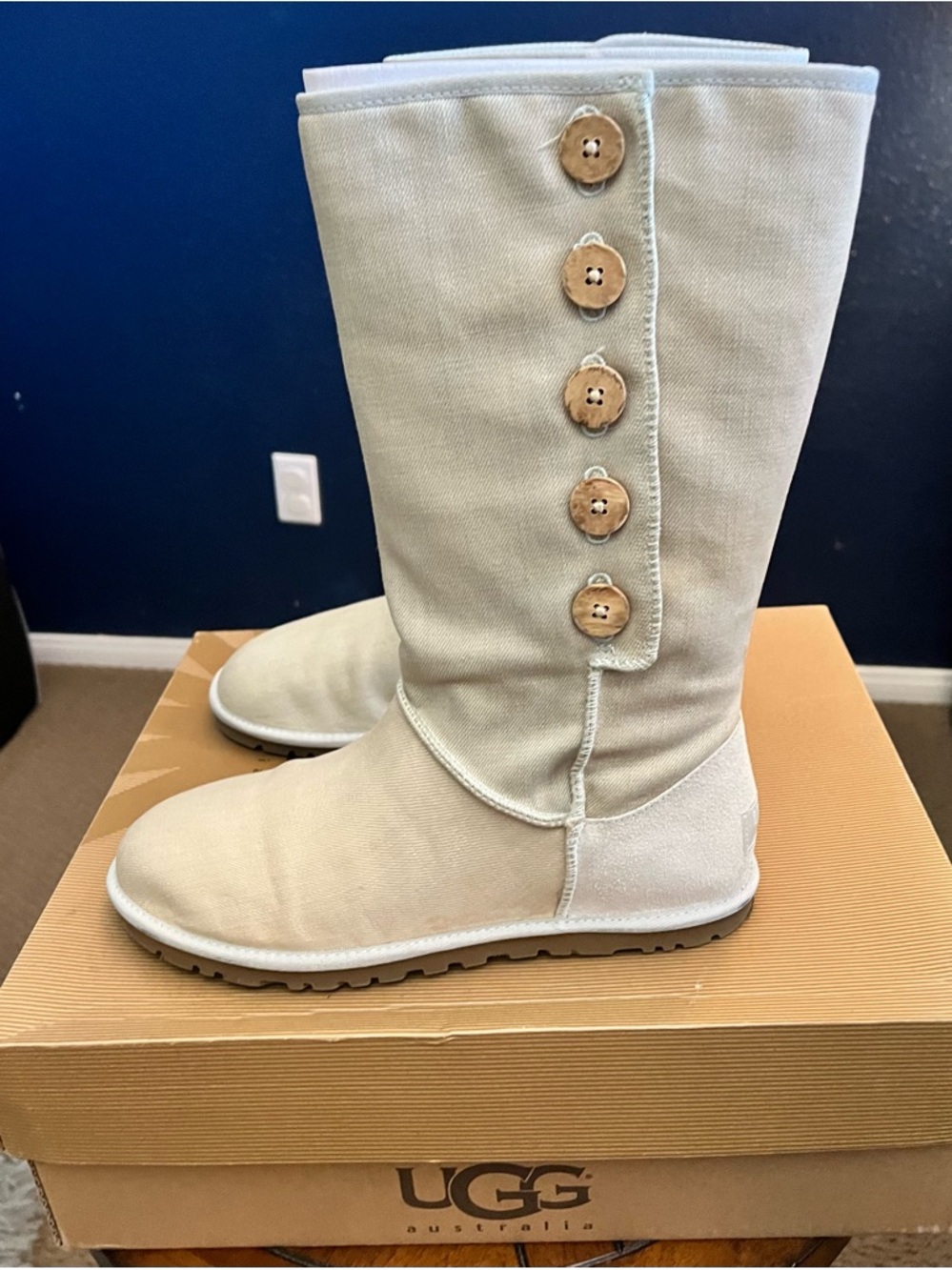 UGG Tall Button-Accent Heeled Boots in Light Beige/Cream